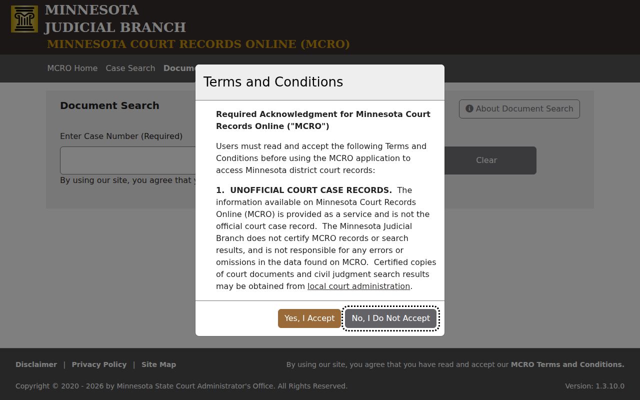 Wright County civil docket MCRO Document Search screen