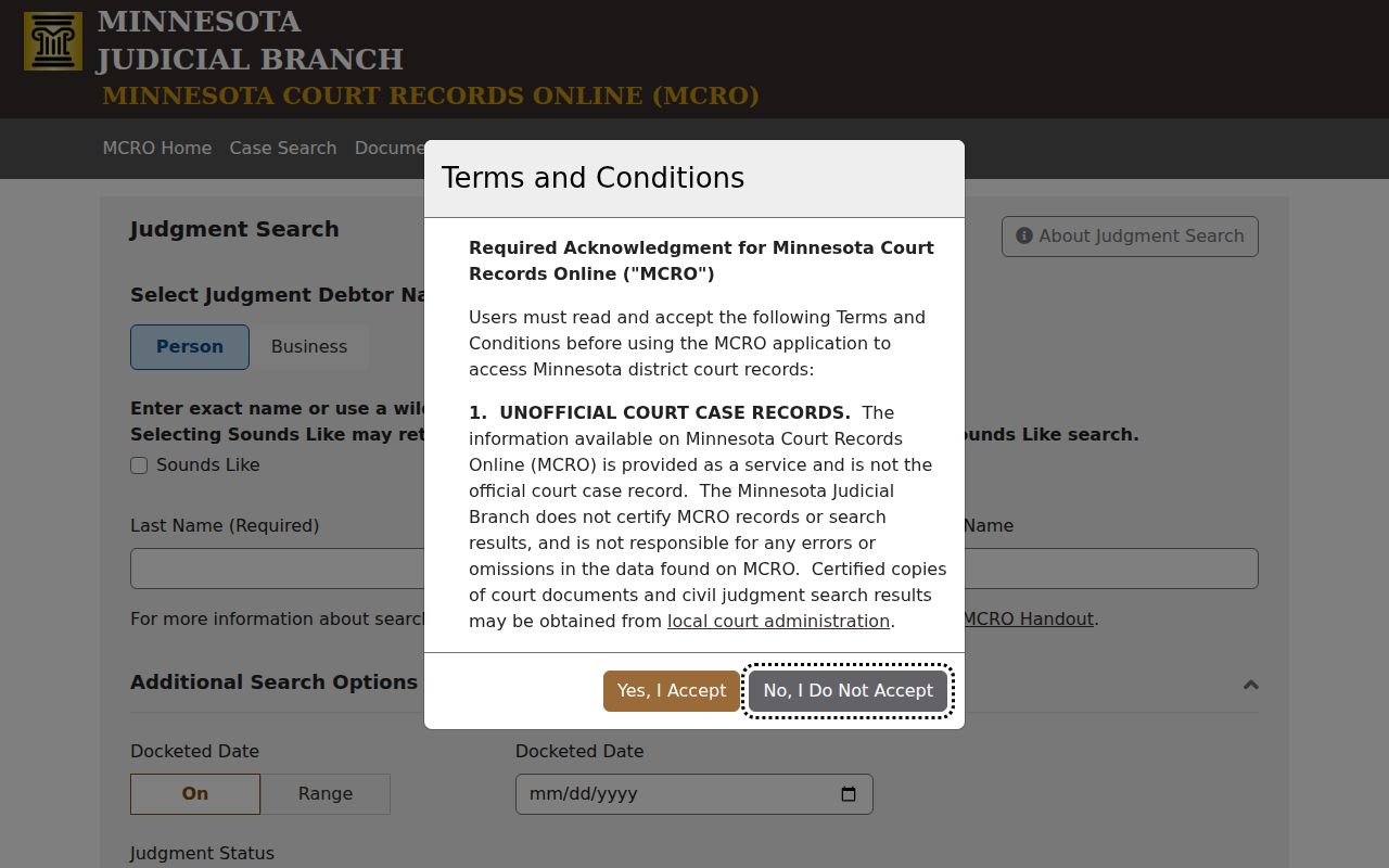 Wright County civil docket MCRO Judgment Search screen