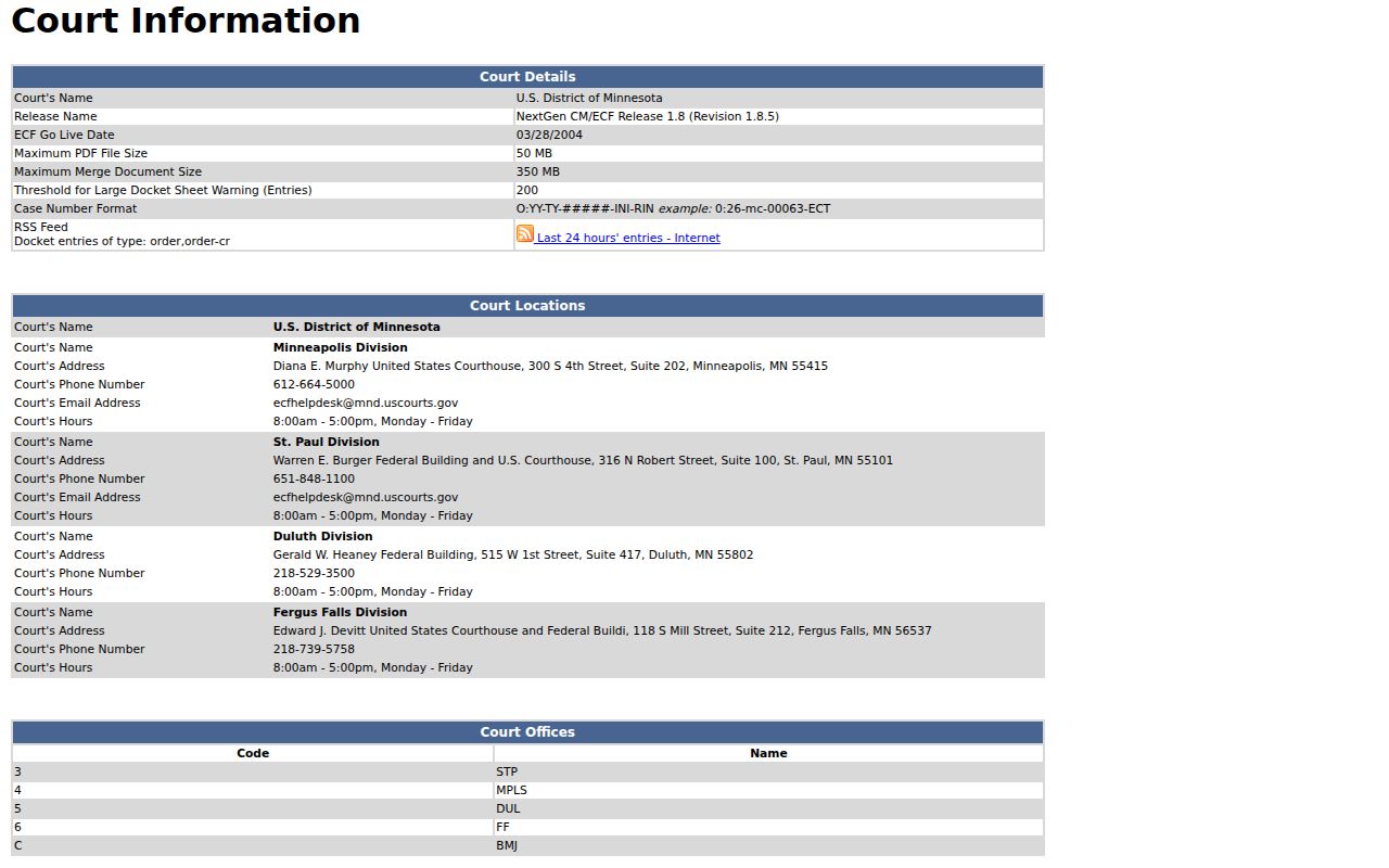 Wright County court calendar comparison with District of Minnesota CM ECF