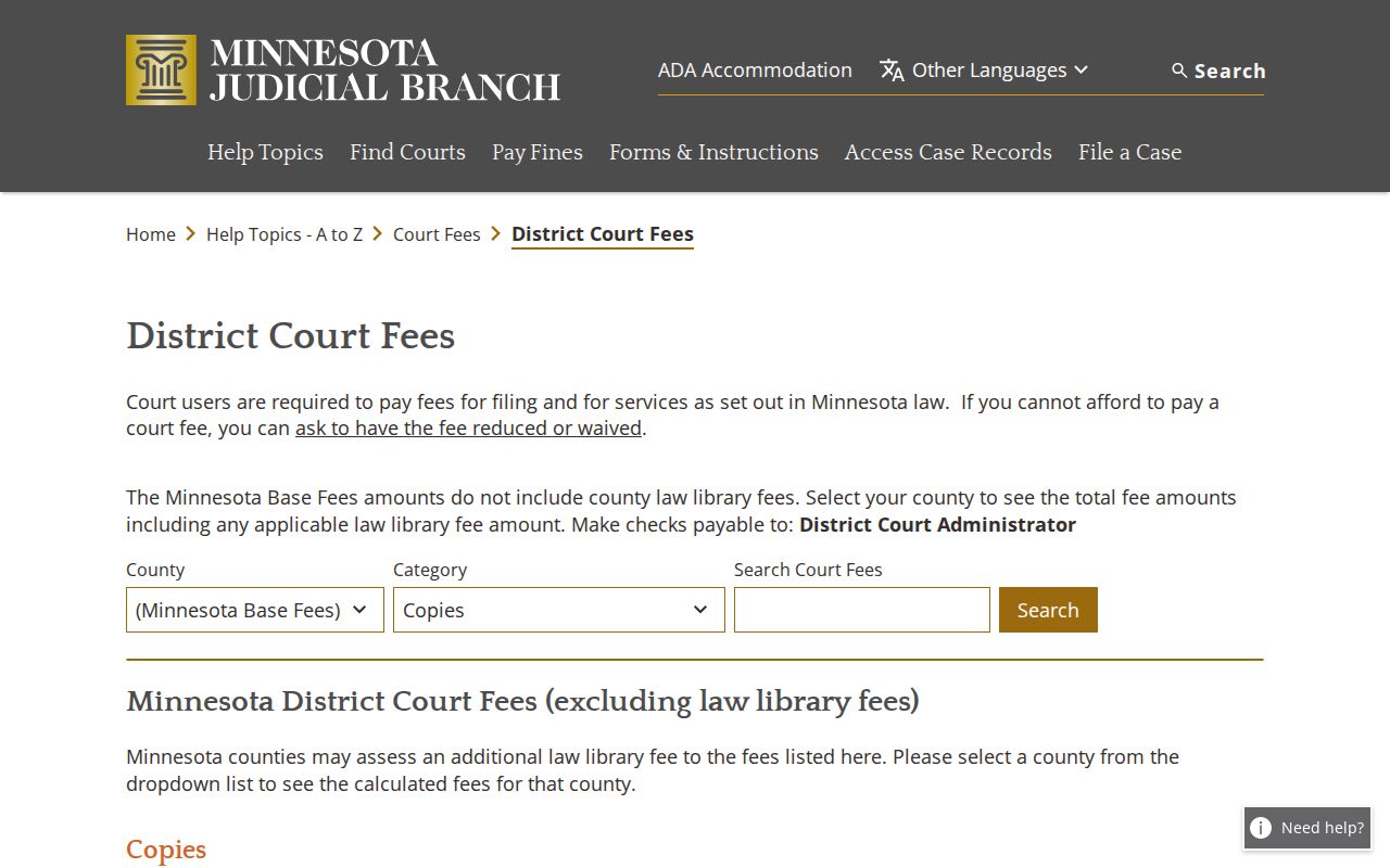 Wright County court records District Court copy fee information