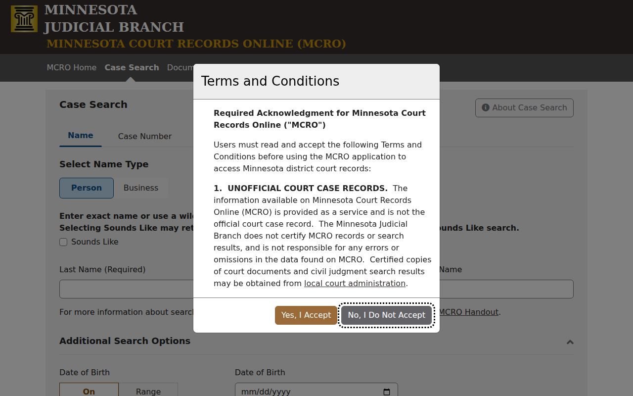 Wright County criminal docket MCRO Case Search screen