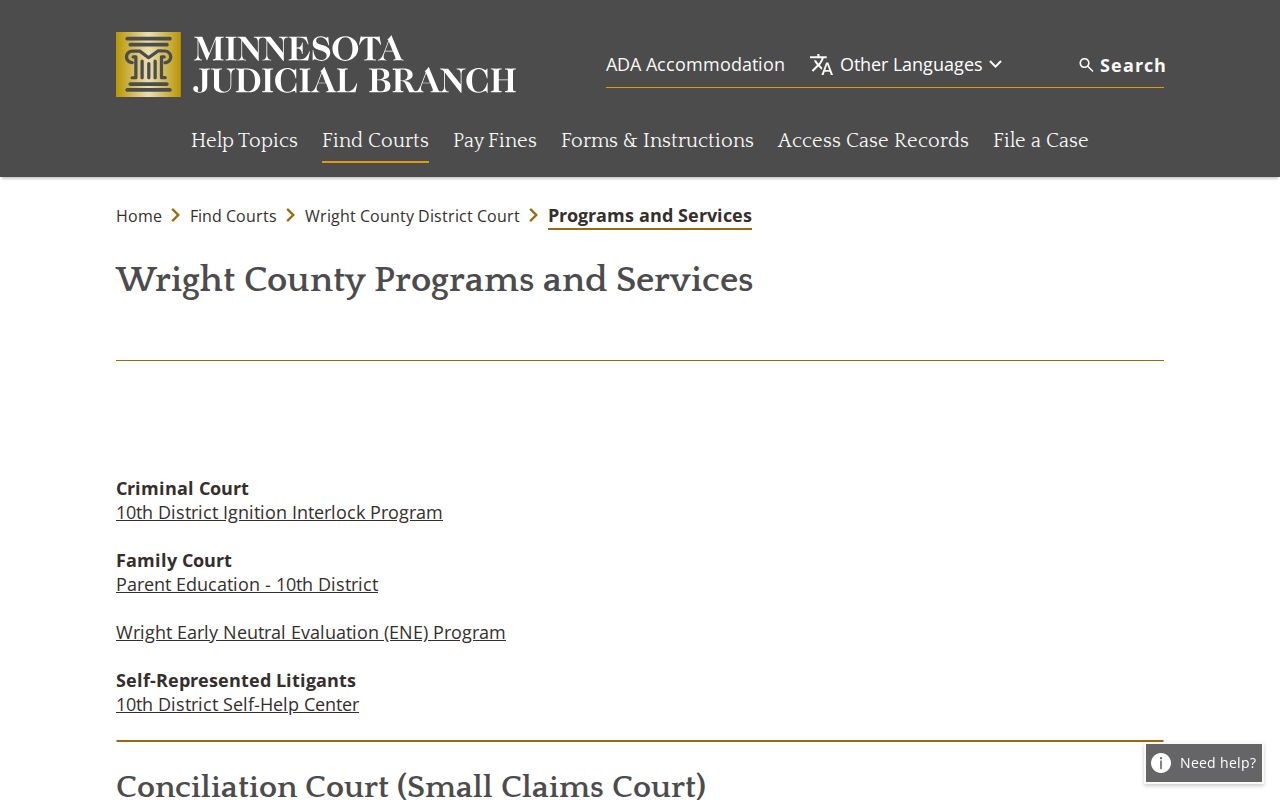 Wright County traffic court records and local court programs information